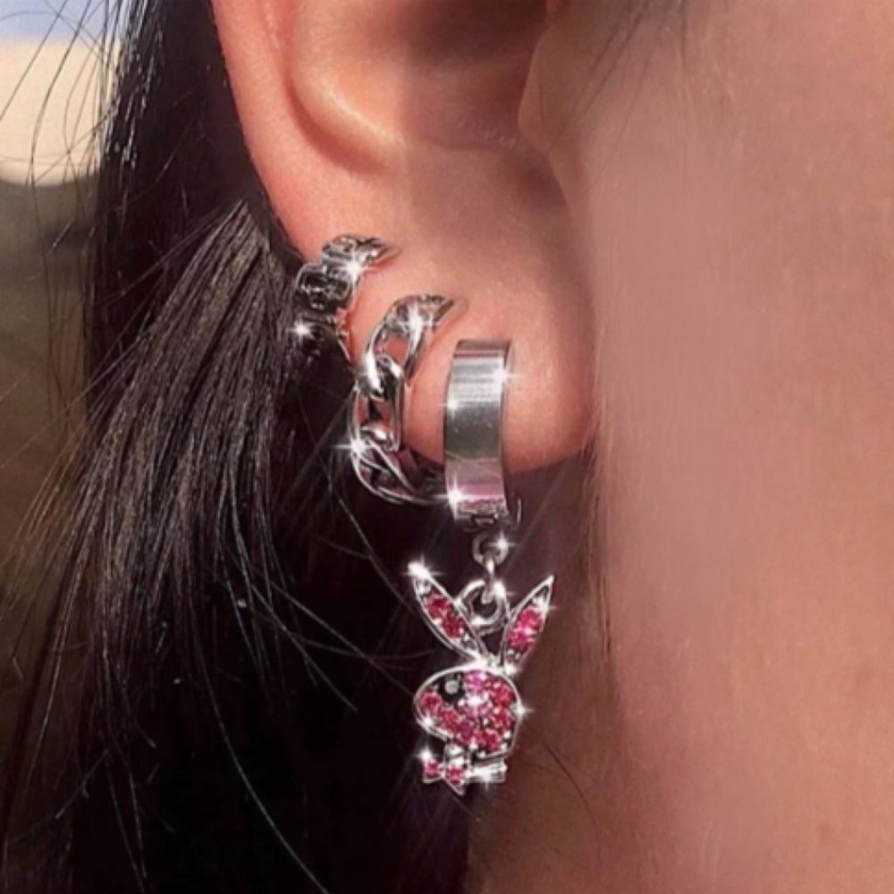 Playboy Bunny Small Pink Crystal Silver Hoop Earrings Y2K Charm Earrings